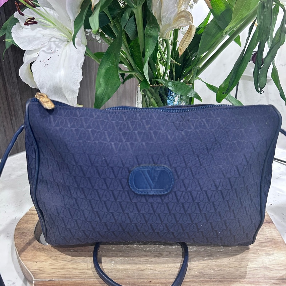 Valentino Garavani Navy and Gold Crossbody Bag with Trapezoidal Design